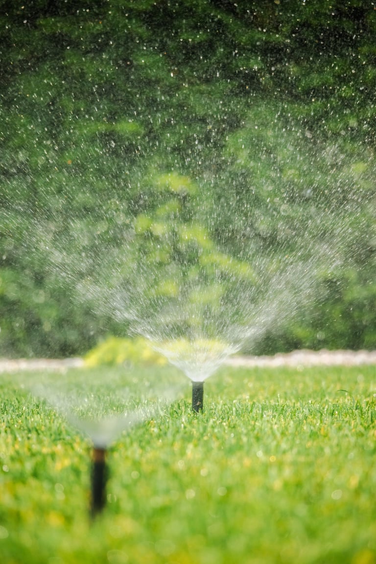 Automatic sprinkler head spraying water on a vibrant green lawn during sunny weather, used for regular garden irrigation. High quality photo