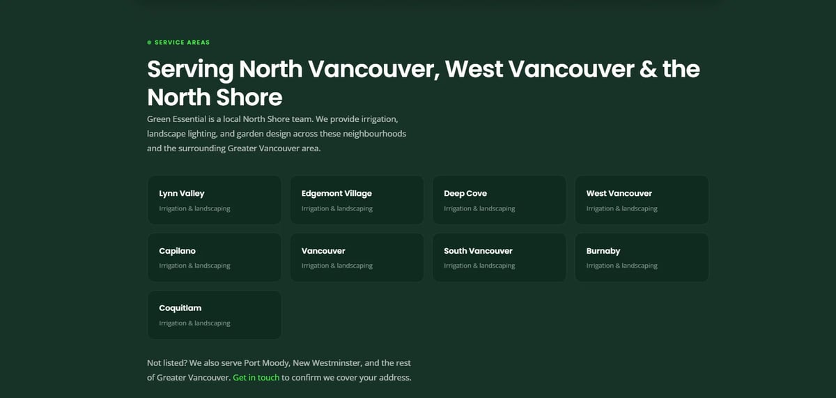 Service areas webpage showing North Vancouver, West Vancouver, and North Shore neighborhoods in a grid layout with green background