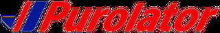 Purolator logo with red italic text and blue geometric stripe design element