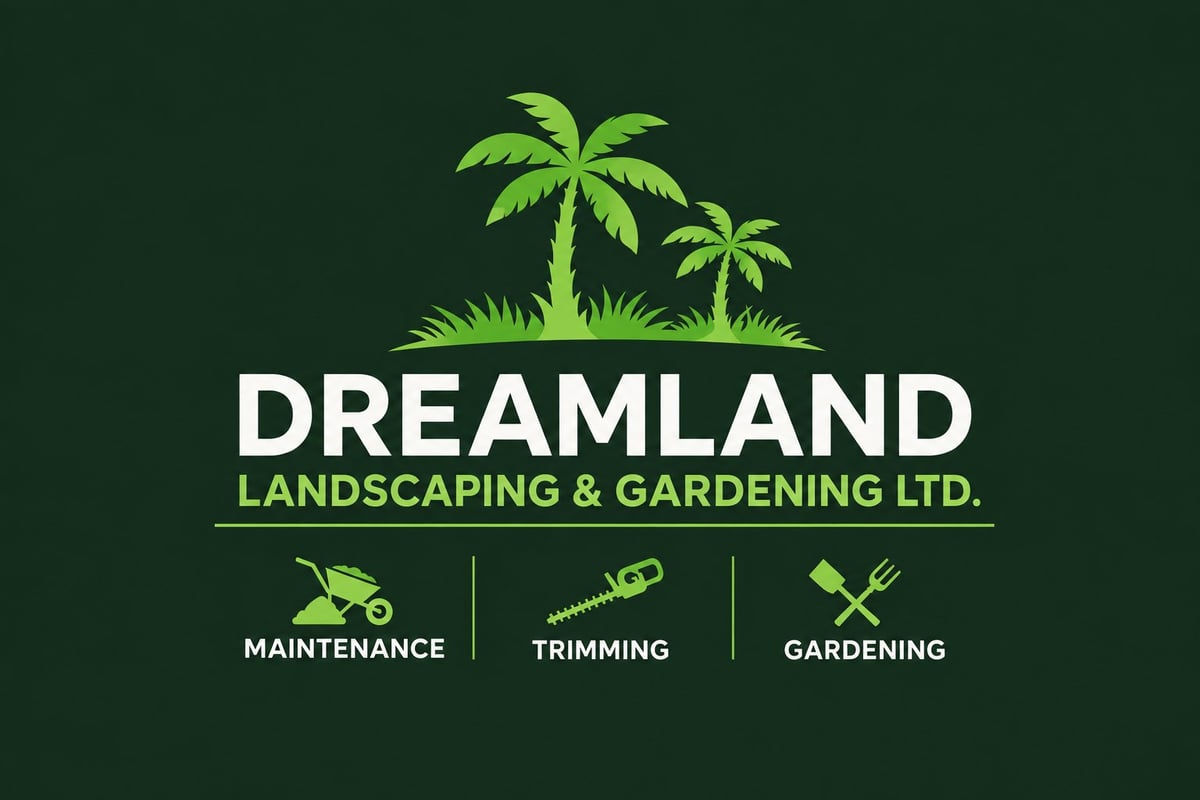 Dreamland Landscaping & Gardening Ltd. logo with palm trees and icons for maintenance, trimming, and gardening services